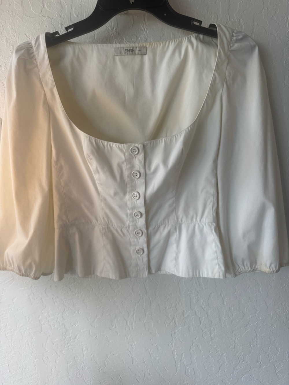 Prada White Cream Scoop-Neck Button Peplum Blouse